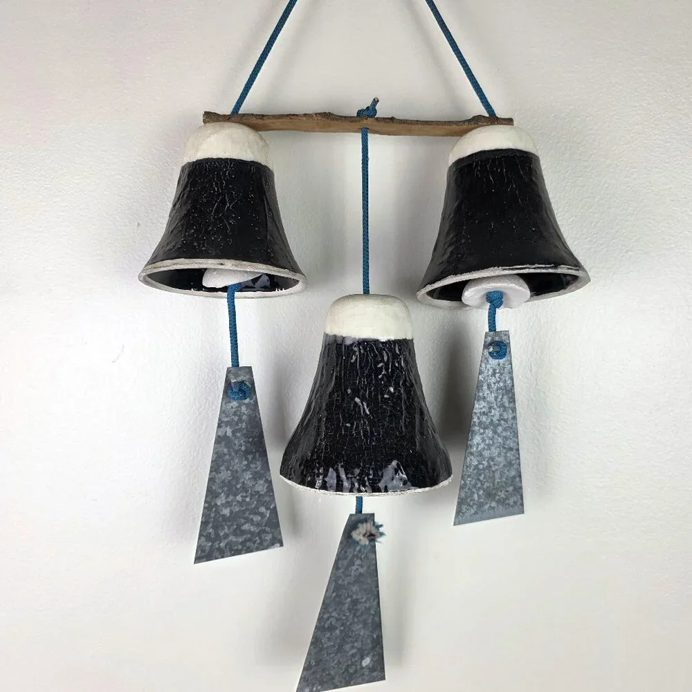 Handmade Orville Hill Prescott Arizona Hanging Ceramic Bells Metal Triangles